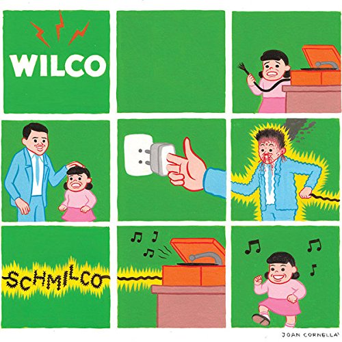 The image shows a green comic strip with "Wilco - Schmilco" album cover art.