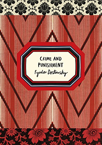 "Book cover with red and black geometric pattern, floral borders, and 'Crime and Punishment' title."