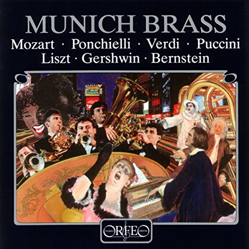 The image depicts a CD cover for "Munich Brass Vol. II". The alt text is: "CD cover with musicians playing brass instruments and a singer."