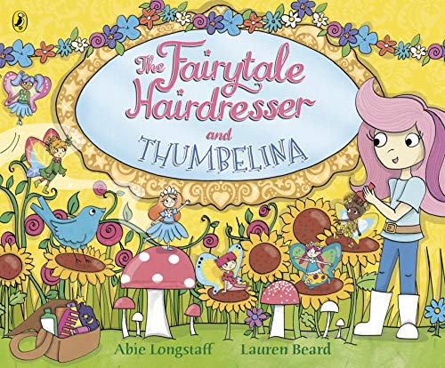 "Children's book cover featuring a cartoon girl with pink hair surrounded by fairytale characters."