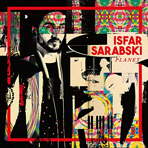 "Album cover with Isfar Sarabski's image, drums, and colorful patterns."
