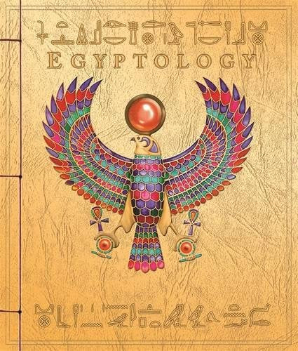 The image depicts a book cover featuring a bird-like figure with a red head and blue and red body. The alt text is: "Gold book cover with colorful bird figure and 'Egyptology' title."