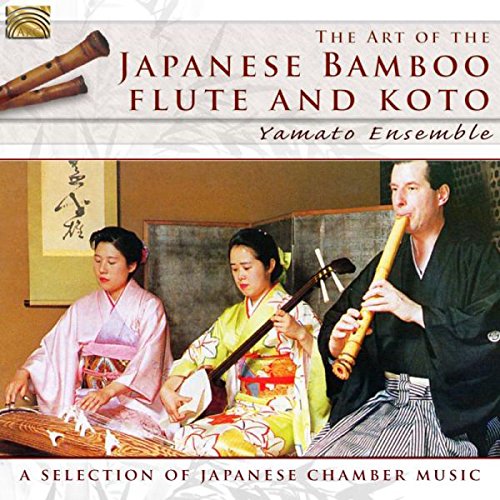 "CD cover featuring three musicians in traditional Japanese attire playing koto and bamboo flutes."