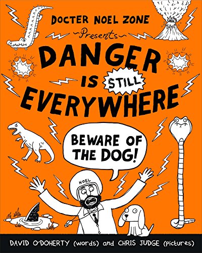 "An orange book cover with cartoon man surrounded by danger and a dog."