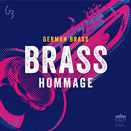 "CD cover with 'Brass Hommage' text, trumpet image, on dark blue background."
