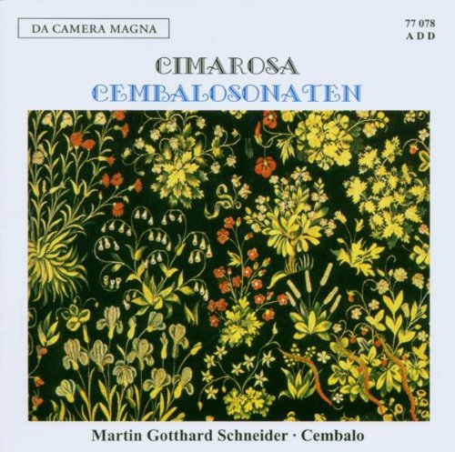 A CD cover with a floral pattern and text "Cimarosa Cembalosonaten" on a white background.