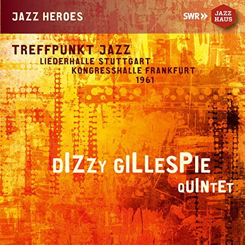 "Dizzy Gillespie Quintet" CD cover with orange-toned abstract background and white and black text.