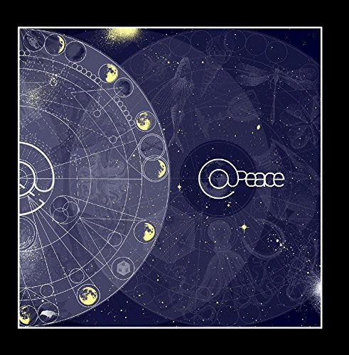 A blue album cover with "@peace" text and celestial designs, surrounded by a black border.