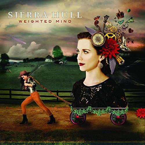 "Album cover featuring a surreal image of a woman and a person pulling a cart."