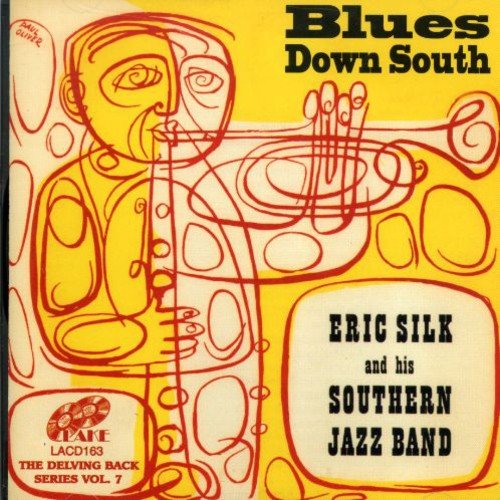 "Album cover with abstract drawing of a man playing a clarinet, yellow background."
