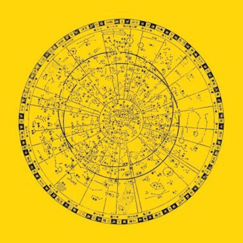 The image depicts a bright yellow CD cover featuring a circular, black astrological chart.