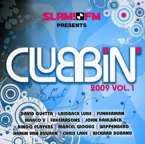 A blue music compilation album cover with white and red text and abstract designs.