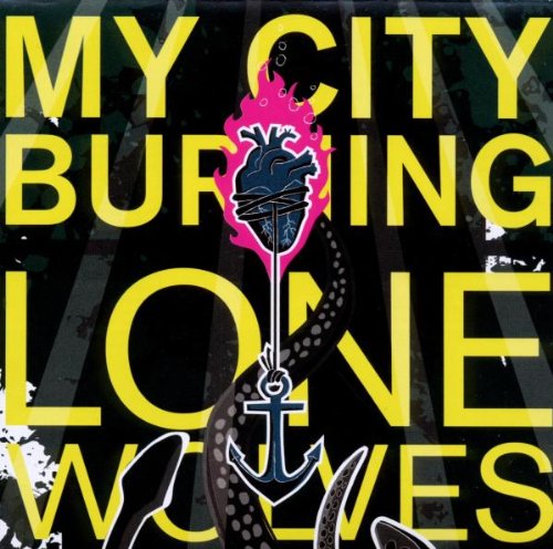 "Album cover with yellow text, burning heart, and anchor on a black background."