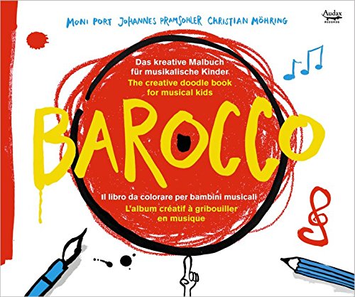 "Book cover with 'BAROCCO' in yellow, surrounded by paintbrushes, pencils, and music notes."