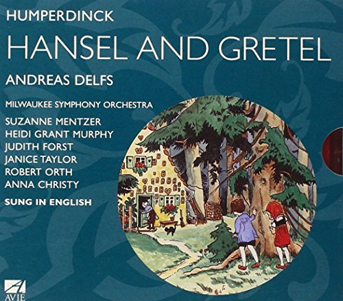"CD cover for 'Hansel and Gretel' with teal background and medieval forest scene."