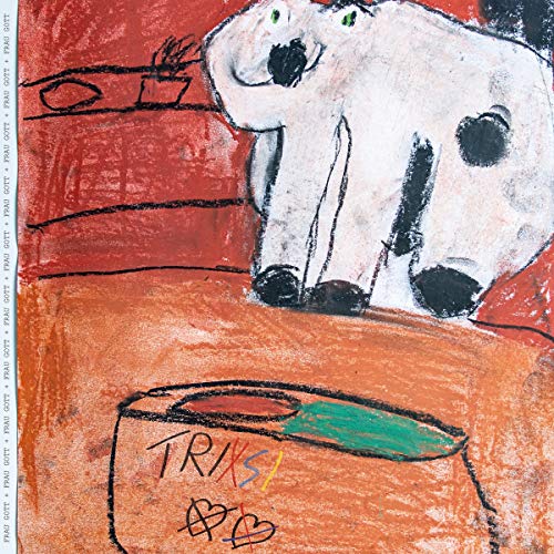 The image depicts a vinyl record cover featuring a childlike drawing. The alt text could be: "Vinyl record cover with a childlike drawing of a white dog."