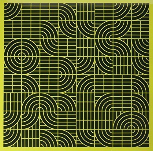 Black and yellow vinyl record cover with grid and curved line pattern.