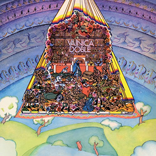 The image is a vibrant, surreal illustration of a pyramid-shaped structure. Here is a concise description of the image in 15 words or less: "Vainica Doble album cover featuring a pyramid with people and flowers, surrounded by landscape."