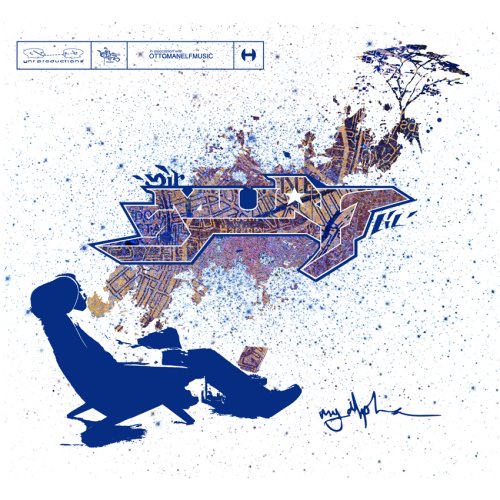 The image is a CD cover featuring a man reclining in a chair. #### Alt Text: "CD cover with a man sitting in a chair, abstract shapes and splatters."