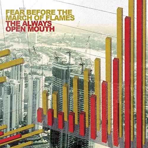 "Album cover with cityscape and graph bars in red and yellow."