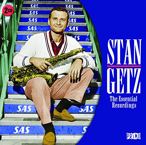 "CD cover featuring Stan Getz sitting on stairs, holding a saxophone, against a blue background."
