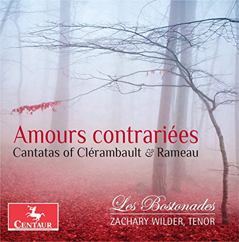 "Album cover with misty forest, red leaves, and text 'Amours contrariées' and artist names."