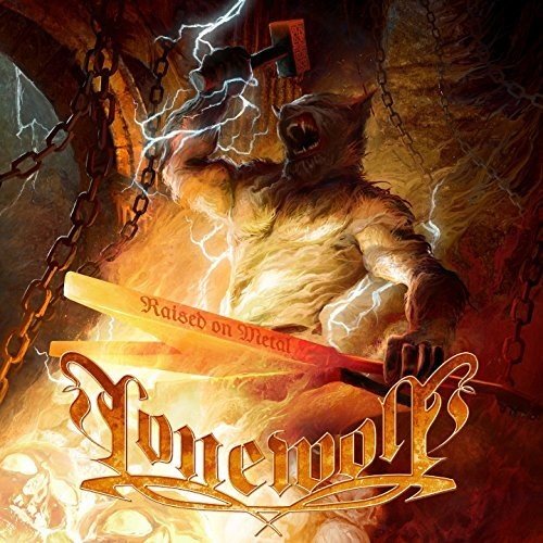 "Album cover art with a muscular man holding a sword, surrounded by lightning."