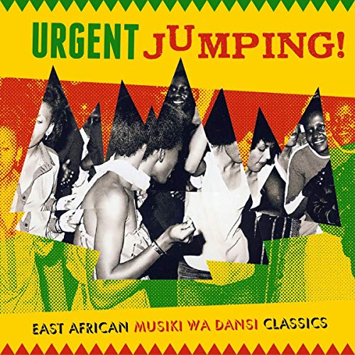 "Album cover with black and white dancers and colorful geometric patterns."