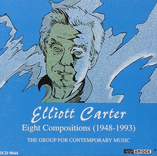 CD cover with stylized portrait of Elliott Carter on blue background.