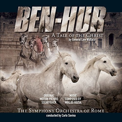 "Vinyl record cover for 'Ben-Hur' soundtrack featuring a chariot race scene with white horses."