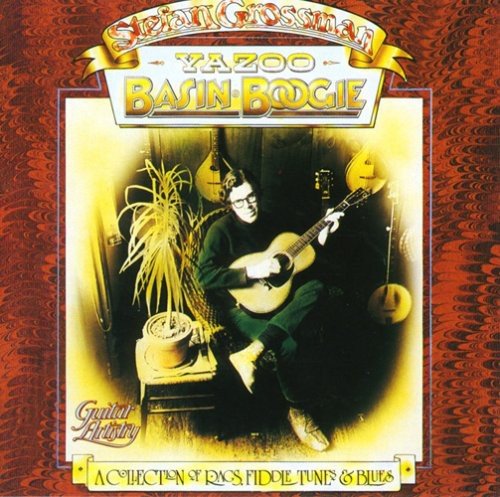 "Album cover with man playing guitar, surrounded by plants and instruments, on red patterned background."