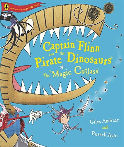 "Children's book cover featuring a pirate and a dinosaur against a blue background."