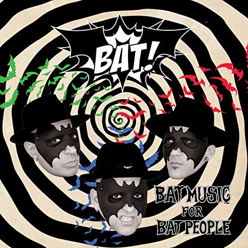 "Album cover with three masked faces and swirling black and white pattern."