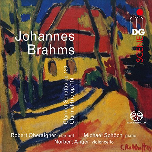 "Album cover with abstract painting and white text featuring 'Johannes Brahms' and musician names."