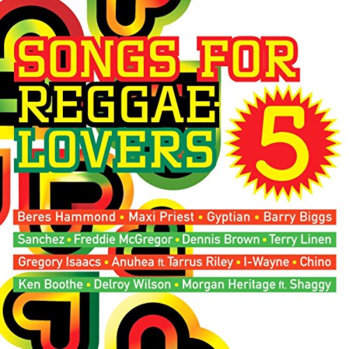 "Album cover with 'Songs for Reggae Lovers Vol. 5' title and artist names on a white background."
