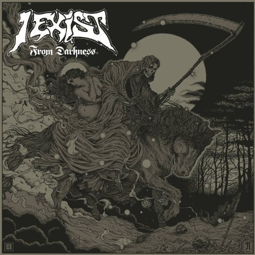 "Album cover art: dark illustration of grim reaper and woman on horseback under full moon."