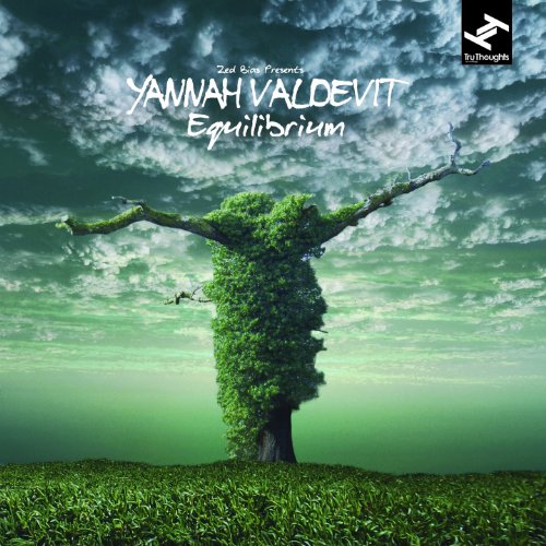 "Album cover featuring a tree shaped like a person against a cloudy sky."