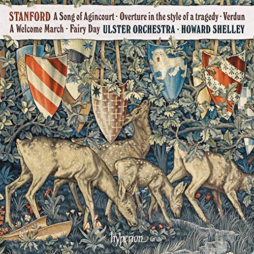 "CD cover featuring medieval tapestry with deer and shields, titled 'Stanford'."
