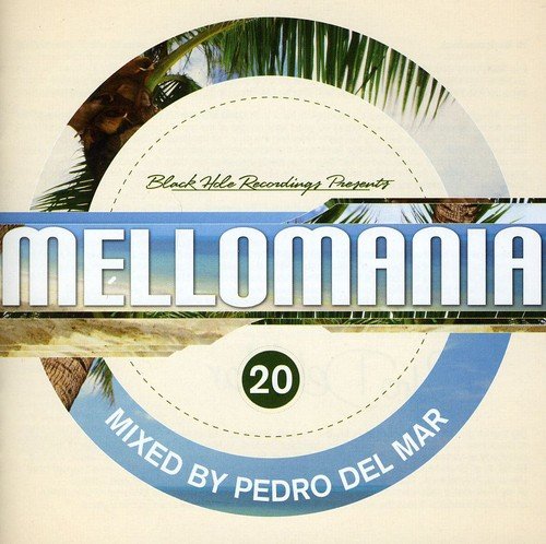 "Mellomania 20 album cover with beach scene and palm trees on beige background."