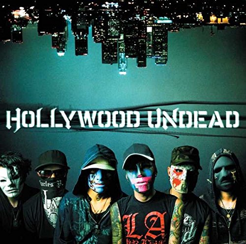 "Album cover featuring five masked men with a cityscape at night."