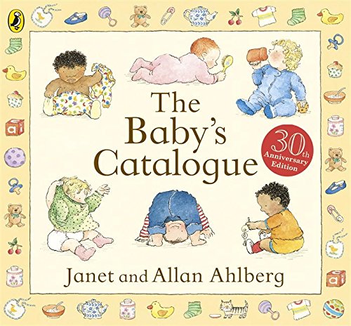 "The Baby's Catalogue" book cover featuring illustrations of babies and baby items border.