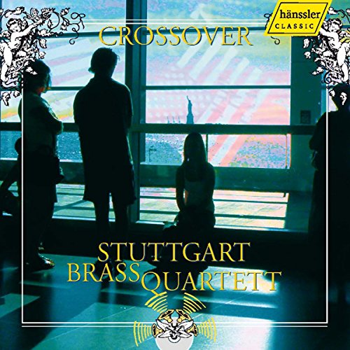 "CD cover with silhouetted people and 'Stuttgart Brass Quartett: Crossover' in yellow text."