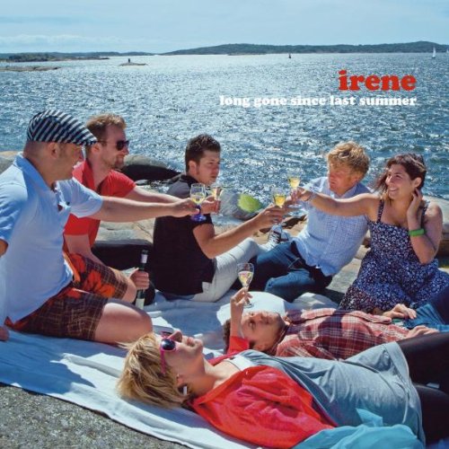 "Album cover featuring a group of people toasting by a body of water."