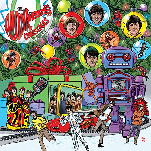 "Monkees Christmas Party vinyl album cover featuring cartoon illustration of band and Christmas tree."