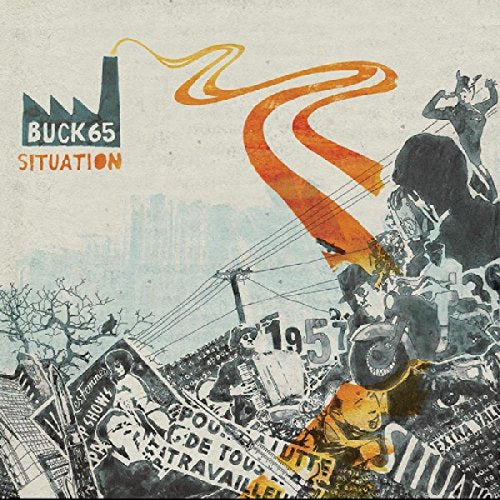 "Album cover with abstract collage, orange swirl, and industrial, cityscape elements."