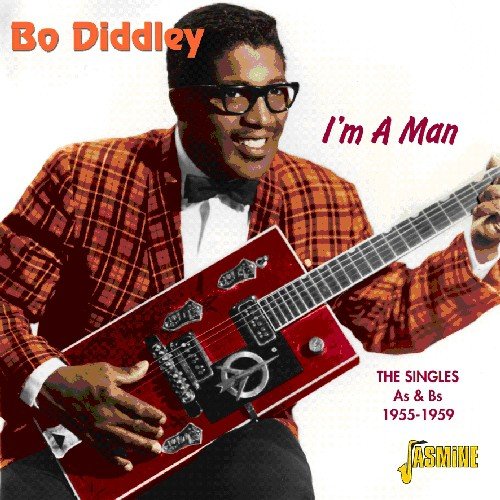 Bo Diddley holding a red guitar, wearing a plaid jacket, on a white background.