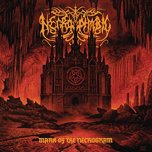 "Album cover art: gothic church with pentagram, surrounded by fiery red landscape and rocky terrain."