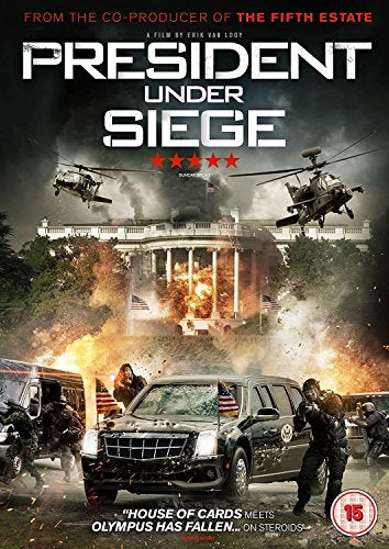 DVD cover for "President Under Siege" showing the White House in flames and chaos.