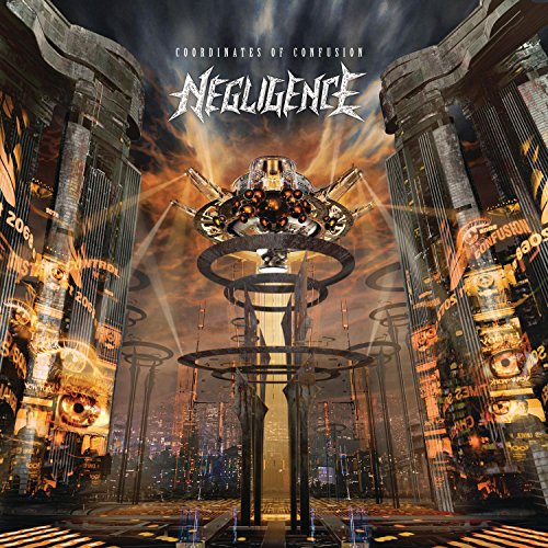 The alt text for the image is: "Album cover with futuristic cityscape and metallic structure."
