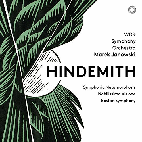 "CD cover with green leaves and text 'Hindemith' on a white background."